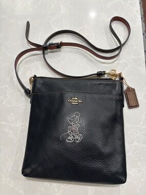 Coach Black Leather Crossbody with Embossed Minnie Mouse Graphic